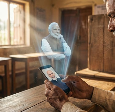 AI Avatar of Indian politician popping out of mobile screen of an individaul