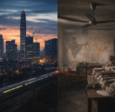 A left side shows Shenzhen skyline and the right side shows an Indian govt office full of files