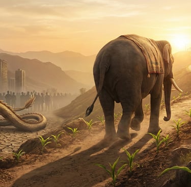 Exhausted China depicted as resting dragon, India (emephant) moving ahead