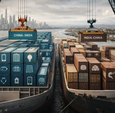 Left side shows a giant ship with chinese exports and right side show a smaller ship with Indian