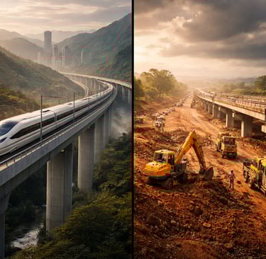 Chinese highspeed train on the left, highway under construction in India - representative image