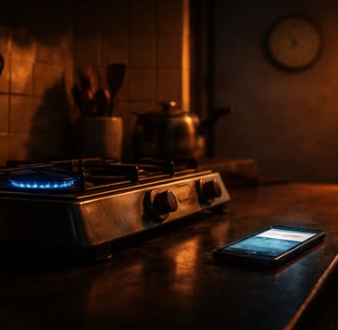 A dimly lit gas stove and mobile text about LPG shortage AI image