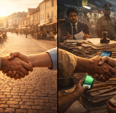 A high-trust society on the left, less-trust society on the right