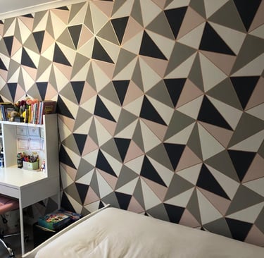 Geometric bedroom feature wall in Brighton Sussex, modern patterned interior design