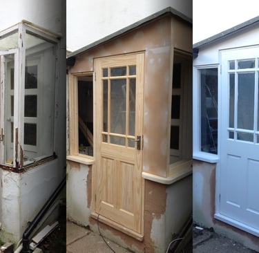 Before and after of a Brighton timber porch renovation and wooden door installation with white paint finish.