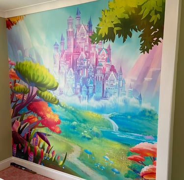 Children’s fantasy castle wall mural in Worthing Sussex, colourful hand painted artwork