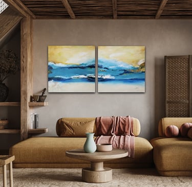 Modern living room with a two-piece blue and yellow abstract ocean painting above a mustard yellow sofa.