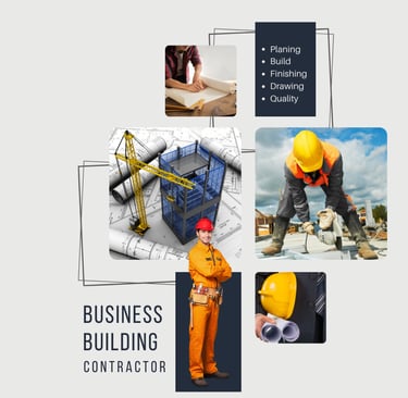 a business building with a construction worker in a helmet