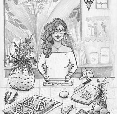 Rezeptillustration von einer Fraudie Cheese Pretzels macht , gezeichnet mit Tusche und Bleistift.