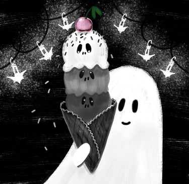 Ein fröhlicher Geist mit Eis in der Hand. Es ist Halloween und das ,icht flackert