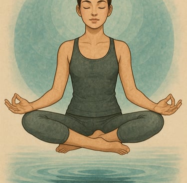 Иллюстрация человека, сидящего в позе медитации с закрытыми глазами. Фон с мягкими кругами 
