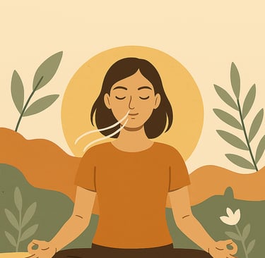 женщина с закрытыми глазами спокойно дышит, мягкие светлые линии показывают вдох и выдох через нос. 