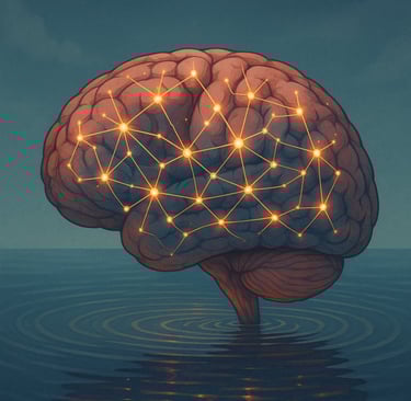 Иллюстрация человеческого мозга, внутри которого светятся соединённые между собой точки, напоминающи