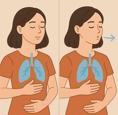 женщина с закрытыми глазами, выполняющая дыхательное упражнение; рядом схематично изображены лёгкие.