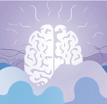 Иллюстрация мозга, окружённого мягкими волнами и линиями. Символ мыслей, эмоций