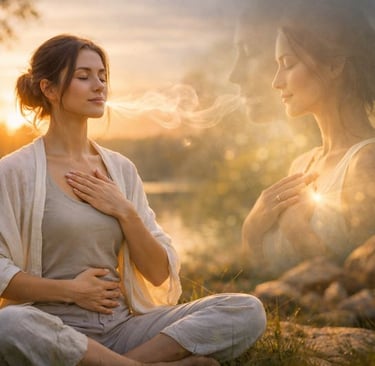 Молодая женщина сидит у воды на закате с закрытыми глазами и осознанно дышит, держа руки на груди и 