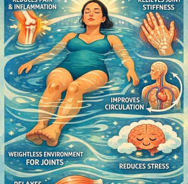 Женщина, лежащая в воде, вокруг неё иллюстрации суставов и мышц, которые расслабляются.
