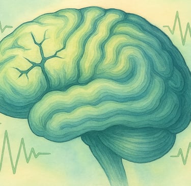 На изображении человеческий мозг в успокаивающих голубовато зелёных тонах, с лёгкой трещиной в вер