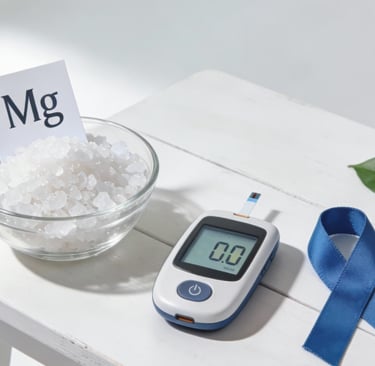 На столе находятся кристаллы с обозначением магния (Mg), глюкометр и синяя лента
