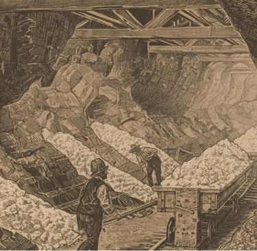 Старинная иллюстрация шахты с рабочими, добывающими минералы под землёй. Видны вагонетки и тоннели