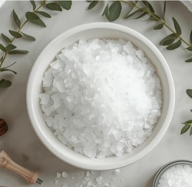 Миска с кристаллами соли и спа-аксессуары. Символ ухода за телом и расслабления.