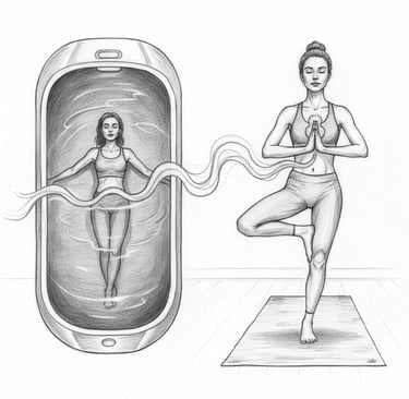 слева женщина с закрытыми глазами спокойно лежит во флоатинг-капсуле, её тело расслаблено. Справа та