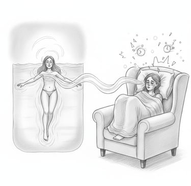 женщина расслабленно лежит на воде, а рядом  спит в кресле