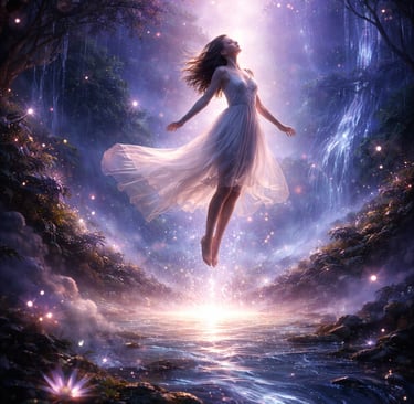 На изображении — парящая, словно летящая, девушка посреди сказочного леса