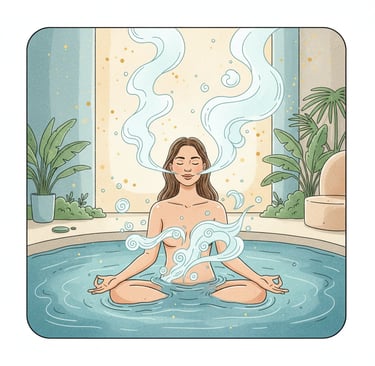 женщина с закрытыми глазами спокойно сидит в воде, расслабляясь. Вокруг неё изображены мягкие, волно