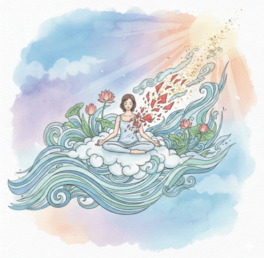 Женщина медитирует, а вокруг течёт вода.