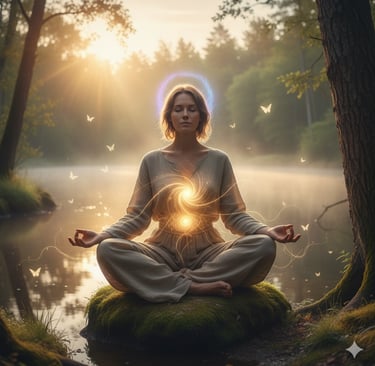 Женщина сидит в позе лотоса на берегу спокойного озера, с закрытыми глазами и расслабленным выражени