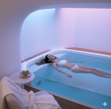 женщина в белом купальнике расслабленно лежит на спине в воде флоатинг-ванны с закрытыми глазами.