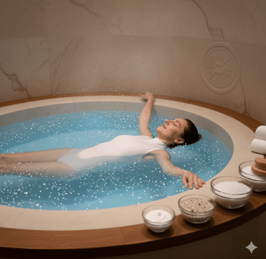женщина расслабленно лежит на  воды в флоатинг ванне с закрытыми глазами