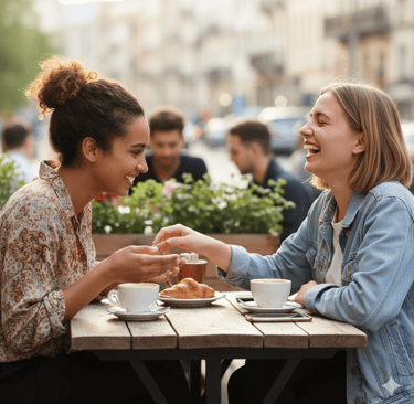 две женщины смеются и держатся за руки за столиком в кафе. На столе  кофе и круассан.