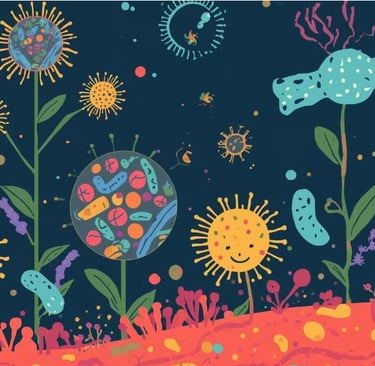 Иллюстрация с разноцветными микробами и бактериями, изображёнными в виде фантазийных растений и форм