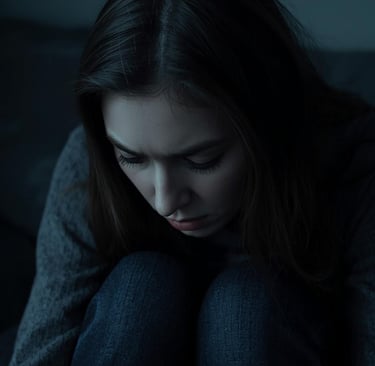 Depressioonis naine istub üksi pimedas ruumis ja vaatab alla, kujutades vaimset tervist ja kurbust.