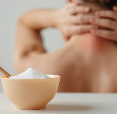 Epsomi soolaga kauss ja inimene, kes hoiab kaelast, kroonilise kaela- ja ülaseljavalu leevendamine.