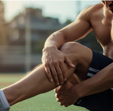 Мужчина держится за ногу, испытывая боль во время тренировки.