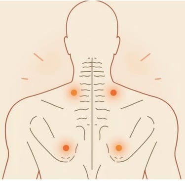 Иллюстрация спины с отмеченными зонами напряжения. Символ мышечной боли и зажатости.