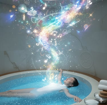 женщина лежит в воде флоатинг. Над ней поток света с музыкальными символами