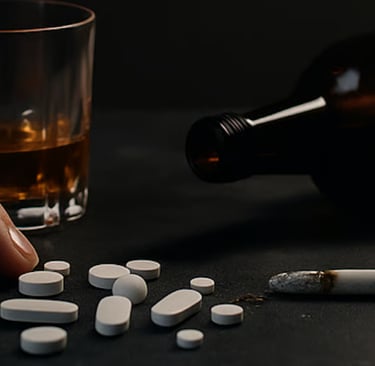 alkoholi pudel ja tabletid sõltuvuse sümbolina