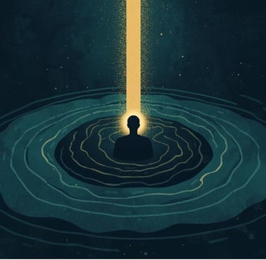 Силуэт человека в центре тёмного пространства, на которого сверху падает луч света.