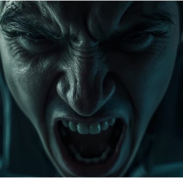 Человек кричит, его лицо напряжено и искажено эмоциями. Изображение передаёт сильный стресс, страх