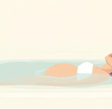 Беременная женщина спокойно лежит в воде. Сцена передаёт расслабление и заботу о теле.