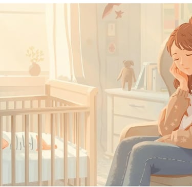 Женщина сидит рядом с детской кроваткой с усталым и подавленным выражением лица. 
