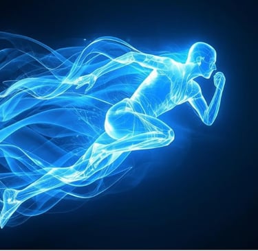 Силуэт человека в движении, выполненный в виде светящейся энергетической формы. Волнообразные линии 