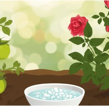 Иллюстрация растений томата и розы, растущих в почве. Рядом показана миска с кристаллами