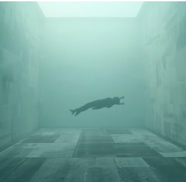 Человек парит в пустом, туманном пространстве, словно невесомый.