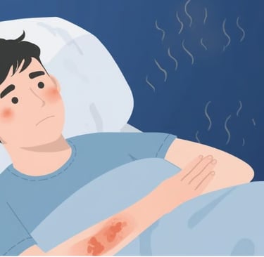 Мужчина лежит в постели и не может уснуть, его кожа раздражена и воспалена.