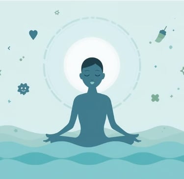 Иллюстрация человека в позе медитации с закрытыми глазами. Вокруг изображены символы